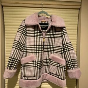 Juicy Couture Pink Plaid Teddy Jacket with Faux Fur Trim
